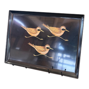Vintage Mid-Century Modern Black Lacquer Tray With Hand-Painted Shorebirds - 1950s Japanese Decorative Serving Art
