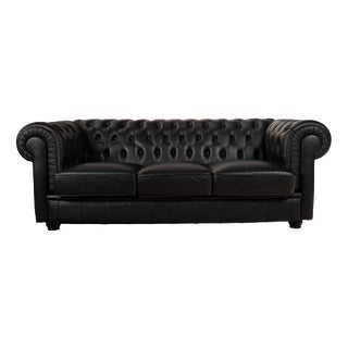 Chesterfield Three-Seater Black Sofa in Leather For Sale