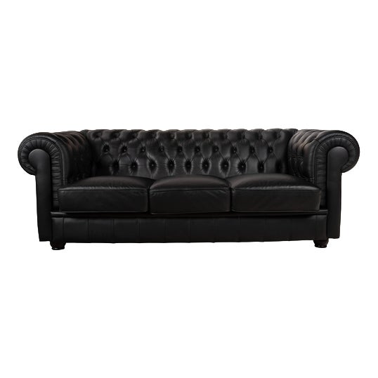 Chesterfield Three-Seater Black Sofa in Leather For Sale