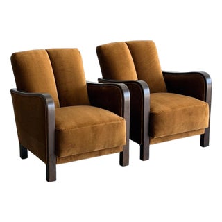 1940s Art Deco Twin Channel Club Chairs in Rust Velvet For Sale
