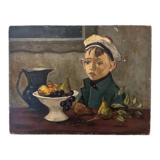 1960s Portrait and Still Life Painting With Boy and Fruit For Sale