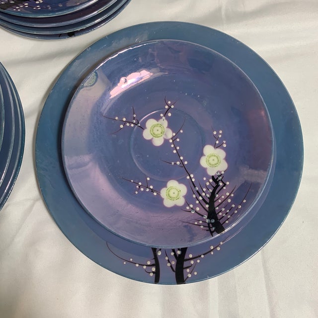 Antique 1920s Japanese Tea Setting Blue Lusterware Cherry Blossom Trees - 15 PCS For Sale - Image 9 of 9