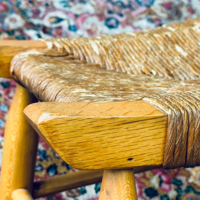 Mid-Century French Country Ash Wood & Rush Saddle Seat Footstool Petite Low Stool For Sale - Image 9 of 11