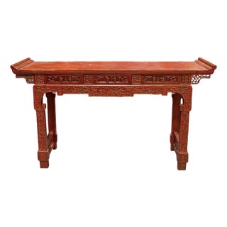 Antique Chinese Red Lacquer Altar Table – Qing Dynasty Elm Wood With Drawers For Sale