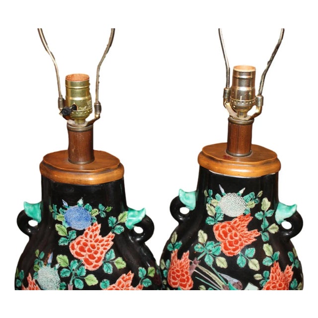 Chinoiserie Cobalt/Noir Porcelain Lamp Pair For Sale - Image 11 of 12