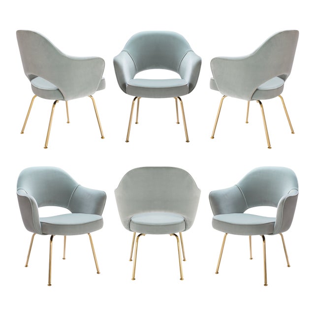 Original Saarinen Executive Arm Chairs Restored in Mint Velvet, Custom Gold Edition - Set of 6 For Sale
