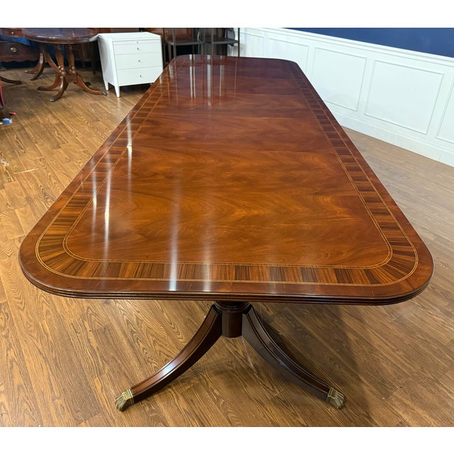 Traditional Multi-Banded Double Pedestal Mahogany Dining Table by Leighton Hall - Showroom Sample For Sale - Image 13 of 18
