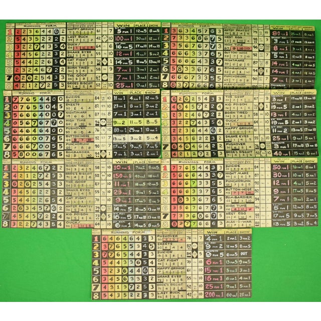 Sz: 20" x 30" w/ seven 6 1/2" x 15" hand-painted running form and payoff prices cards for 7 races *lacking second race card*