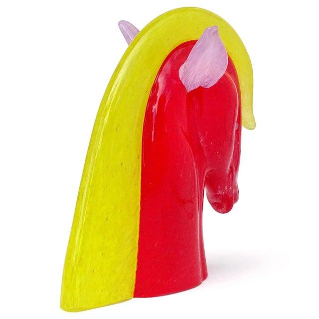 Abstract Murano Gambaro Poggi Vintage Bright Red Yellow Lavender Purple Italian Art Glass Horse Head Figurine Sculpture For Sale - Image 3 of 7