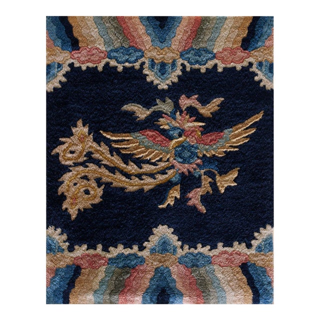 Marvelous Navy Blue Background With a Bird in the Center Antique Chinese Peking Rug For Sale