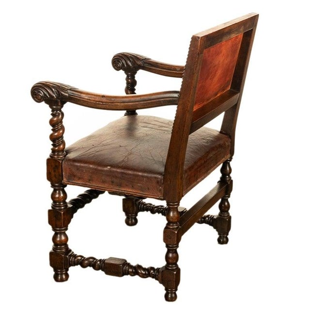Antique Italian Baroque Leather & Barley Twist Carved Mahogany Arm Chair 1820 For Sale - Image 9 of 14