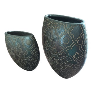 1990s Vintage Brown & Cream Ceramic Vases- Set of 2 For Sale