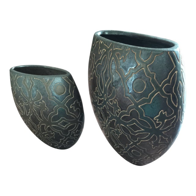 1990s Vintage Brown & Cream Ceramic Vases- Set of 2 For Sale