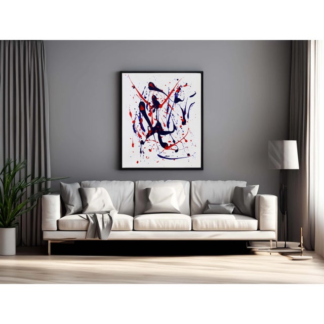 A unique abstract painting that will uplift any modern living room. The color palette evokes a conflict between blue of...