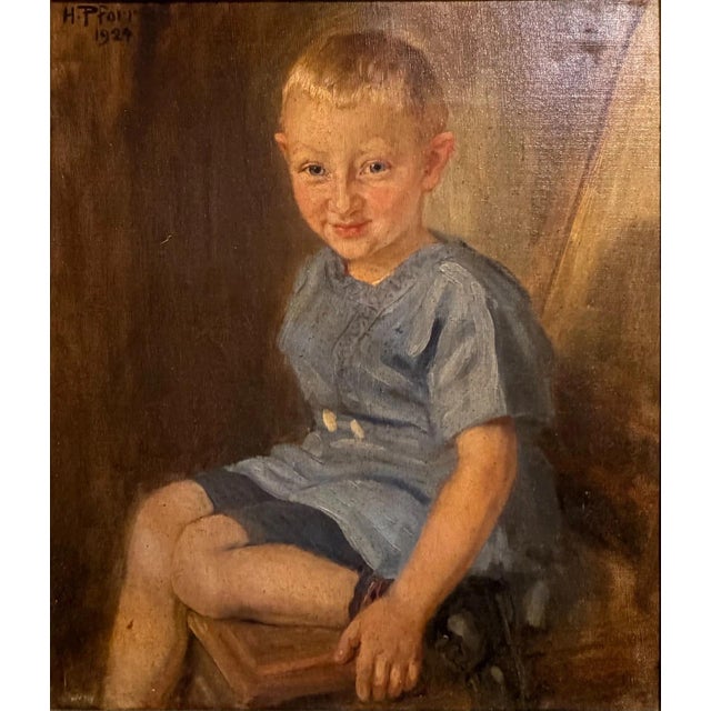 Heinrich Pforr, Childhood Study: Seated Boy in a Blue Smock, 1924, Oil on Canvas For Sale - Image 3 of 11