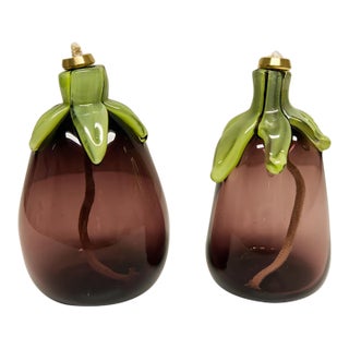 Art Glass Eggplant Oil Lamps a Pair Signed For Sale