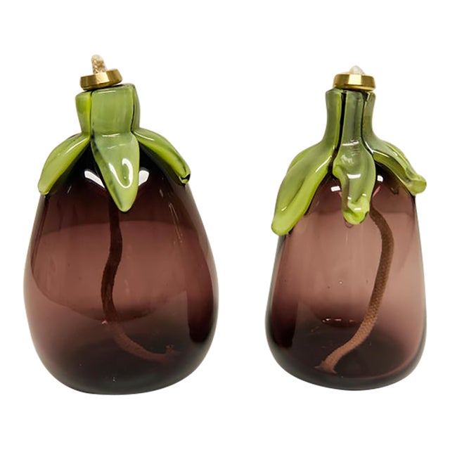 Art Glass Eggplant Oil Lamps a Pair Signed For Sale