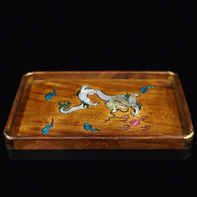 This is a finely crafted vintage Chinese wooden tray, made from rosewood (Huali wood) and decorated with mother-of-pearl...