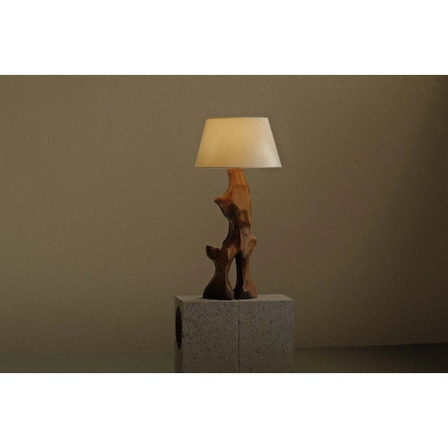 Mid-Century Modern French Brutalist Sculptural Table Lamp in Olive Wood, 1970s For Sale - Image 3 of 11
