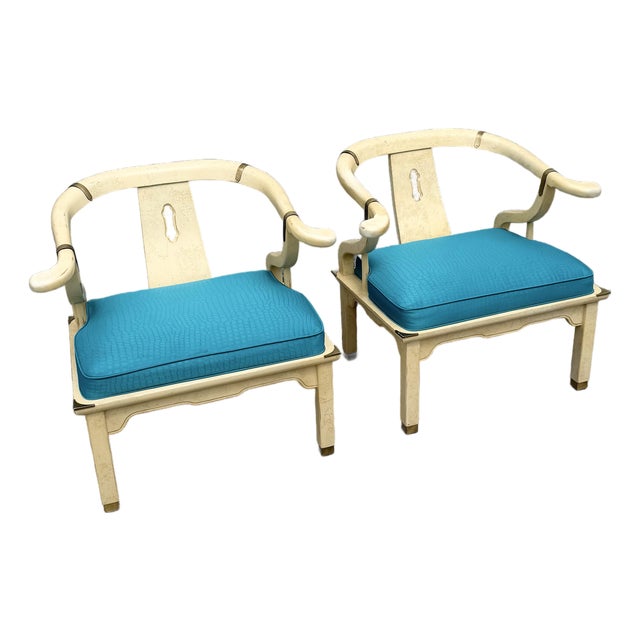 Vintage Ming Style Horseshoe Lounge Chairs With Faux Alligator Skin - A Pair For Sale