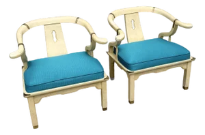 Vintage Ming Style Horseshoe Lounge Chairs With Faux Alligator Skin - A Pair