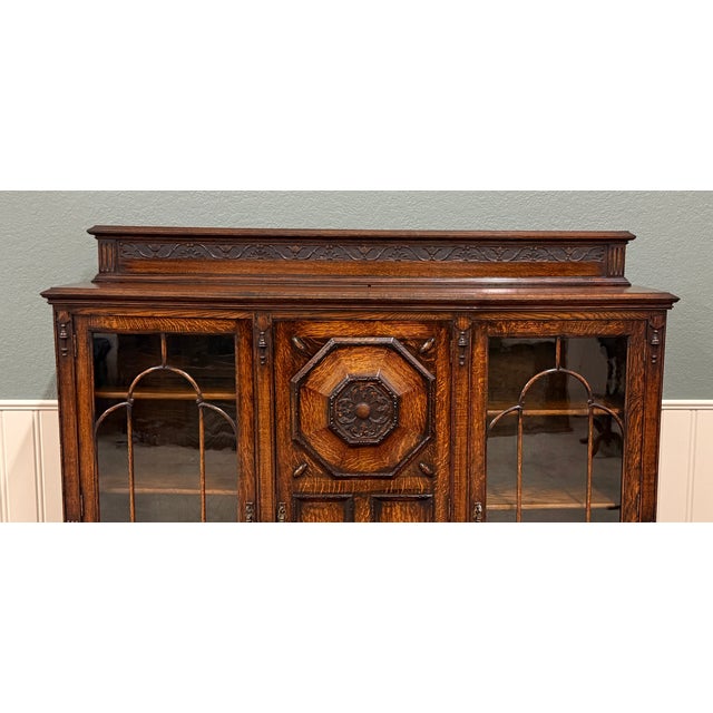 Antique English Jacobean Bookcase Bow Front Cabinet Triple Door Oak C1930s For Sale - Image 10 of 18