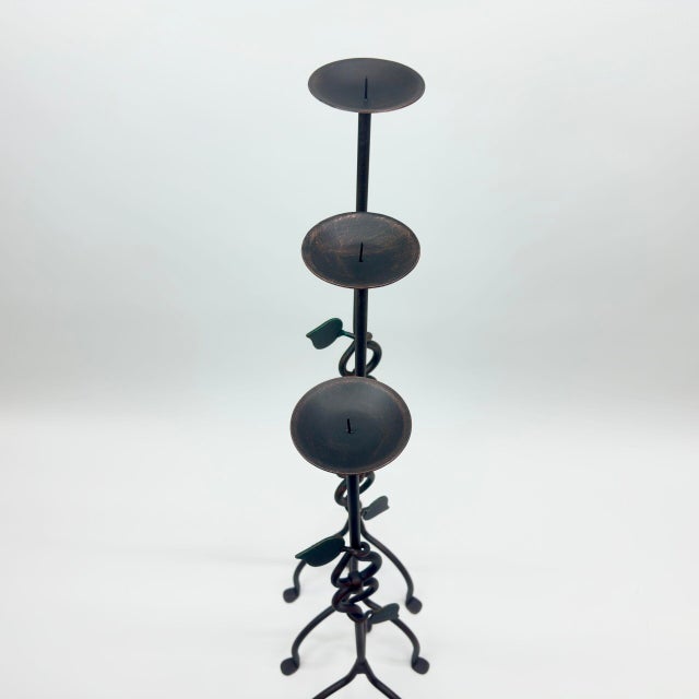 Hand Forged Iron Candelabra Set of 3 (80-100cm) Antique Copper Finish Sculpted Twist & Leaf Floor Set For Sale - Image 4 of 6