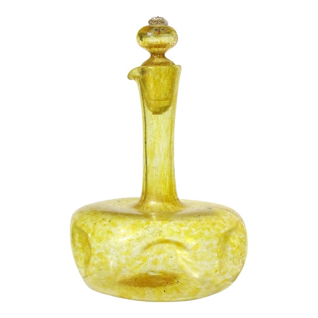 Murano Venetian Antique Yellow Spots Gold Fleck Italian Art Glass Dimple Squared Cruet Bottle For Sale