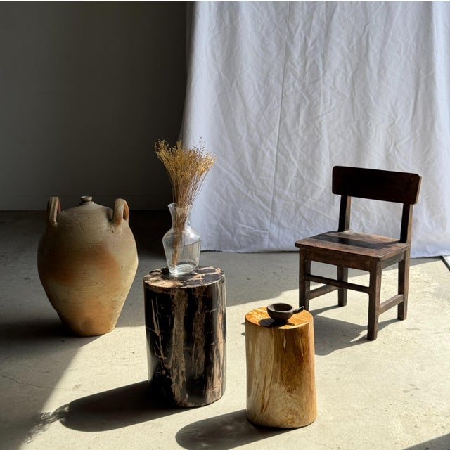 Side Table in Black Petrified Wood with Beige Striations and a Circular Arc For Sale - Image 9 of 18