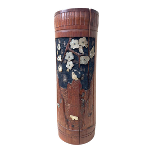 Japanese Shibayama-Style Inlaid Wooden Vase, Figural Scene, Meiji / Taishō Style