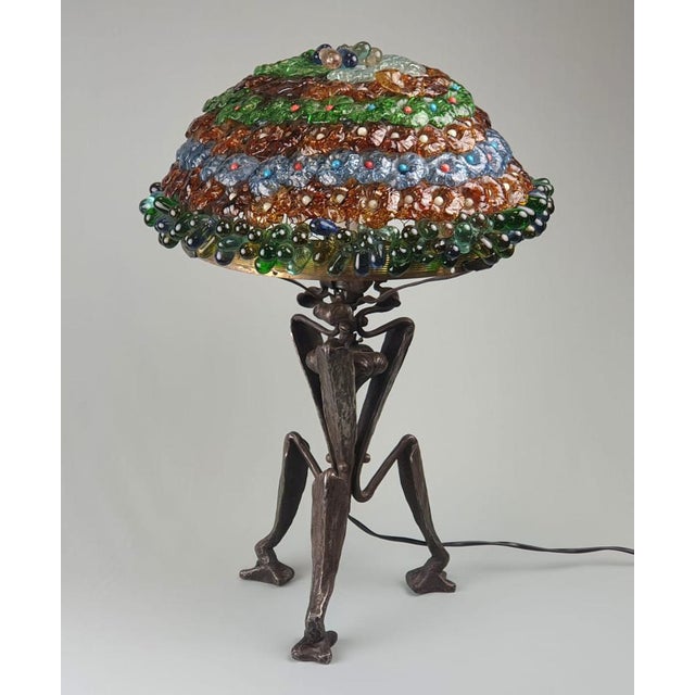 Metal Art Nouveau Bohemian Glass Flower Shade Desk Lamp For Sale - Image 7 of 13