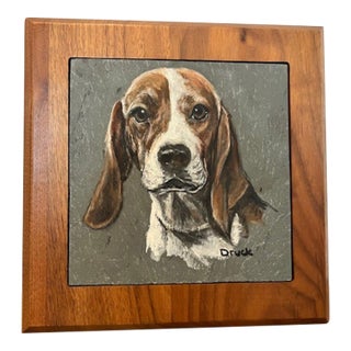 Hand-Painted Artwork on a Natural Slate Tile, Signed "Druck" For Sale