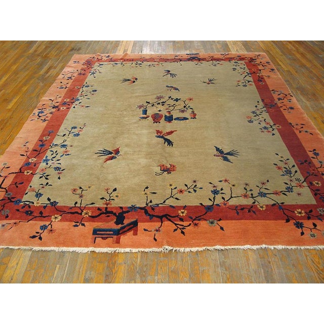 Taupe 1920s Tan Taupe Minimalist Floral Antique Chinese Peking Rug 9'2" X 11'6" Knotted Wool Carpet For Sale - Image 8 of 9