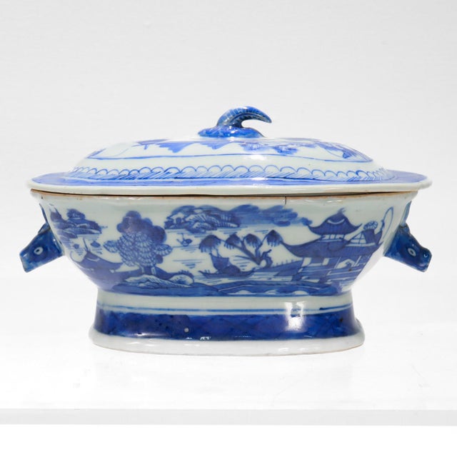 Chinese Antique Blue & White Canton Chinese Export Porcelain Miniature Sauce Tureen For Sale - Image 3 of 12