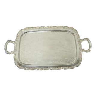 Vintage Oneida Victorian Silver Plated Etched Butlers Serving Platter Bar Tray For Sale