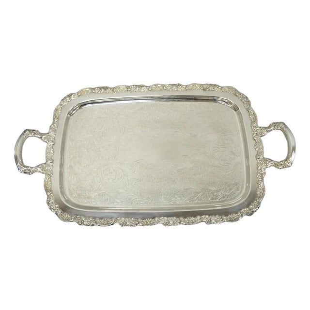Vintage Oneida Victorian Silver Plated Etched Butlers Serving Platter Bar Tray For Sale