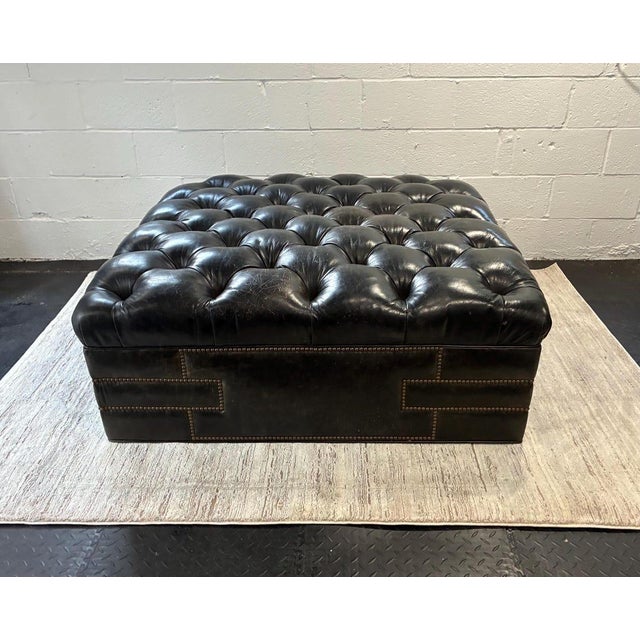 Vintage Large Leather Tufted Ottoman With Nail-Head Detail Coffee Table For Sale In New York - Image 6 of 10