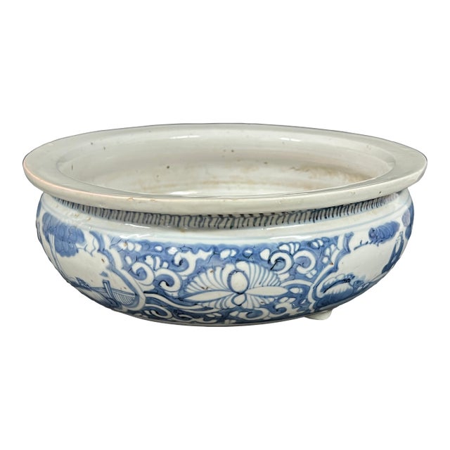 Chinese Art Late 20th Century Porcelain Blue and White Incense Burner Floral and <ountain Scenery Design For Sale