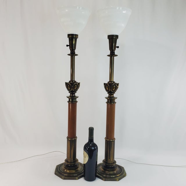 Neoclassical Vintage Stiffel Torchiere Table Lamps Brass Wood - Rare Neoclassical Design - a Pair For Sale - Image 3 of 13