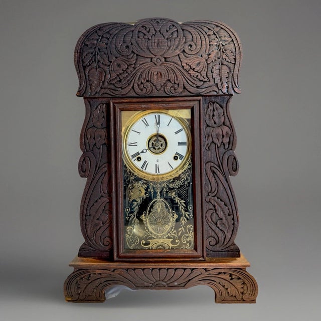 Wood Antique Gilbert Parlor Mantel Clock For Sale - Image 7 of 9
