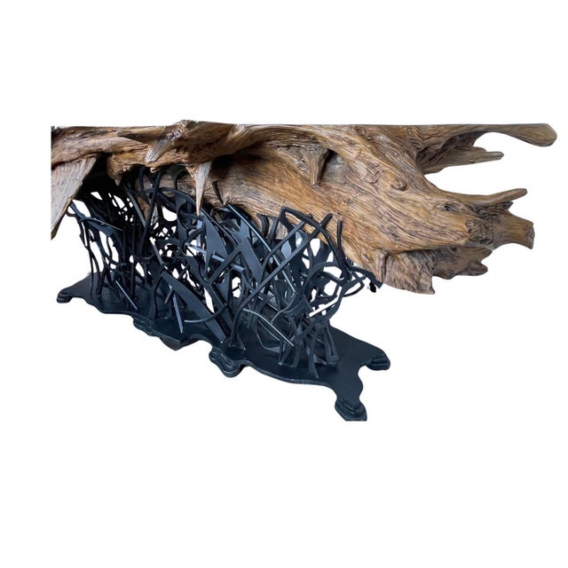 American Majestic Cypress Tree Log Console With Sculptural Steel Base. Labeled Pmc #35. For Sale - Image 3 of 9