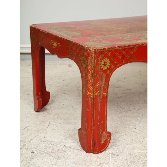 Vintage Hand Painted Red Lacquered Chinoiserie Cocktail/Coffee Table For Sale - Image 4 of 11