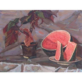 Antique Still Life Oil Painting: Watermelon, Soviet Art, 1982 50-65 For Sale