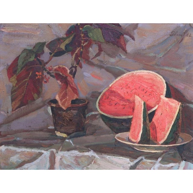 Antique Still Life Oil Painting: Watermelon, Soviet Art, 1982 50-65 For Sale
