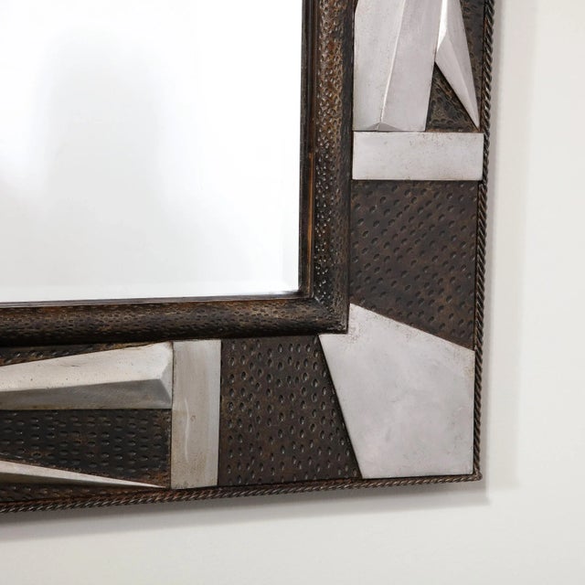 Metal 1930s Art Deco Wrought Iron Mirror with Stylized Cubist Detailing & Floral Elements For Sale - Image 7 of 13