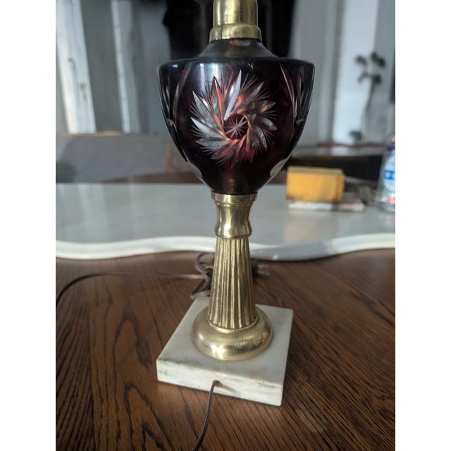 Vintage Ruby Cut-to-Clear Glass Table Lamp on Brass & Marble Base For Sale - Image 4 of 7