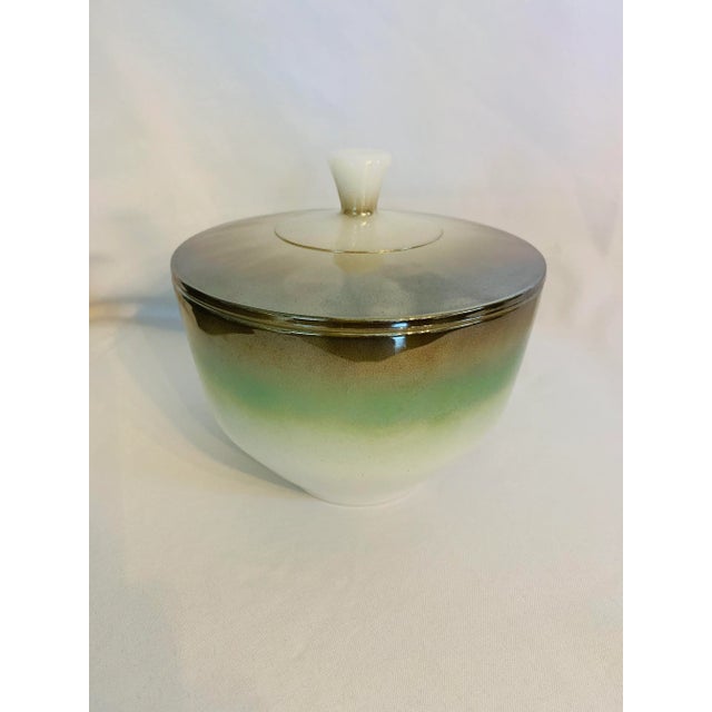 Mid-Century Iridescent Green & Copper Tone Federal Glass Vanity Jar For Sale - Image 11 of 11