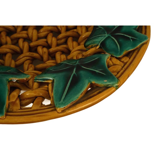 Mid Century Majolica Basket Weave Fruit Bowl With Ivy Leaves by