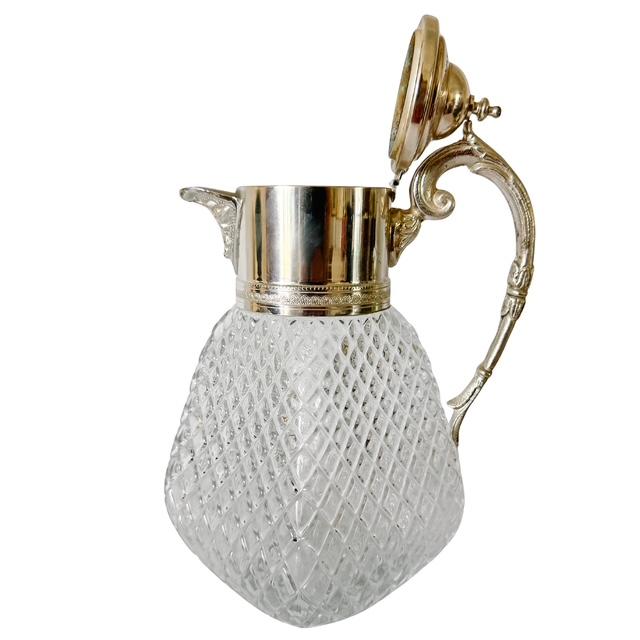 Rococo Vintage Continental Silver-Plated & Diamond Cut Glass Pitcher For Sale - Image 3 of 9