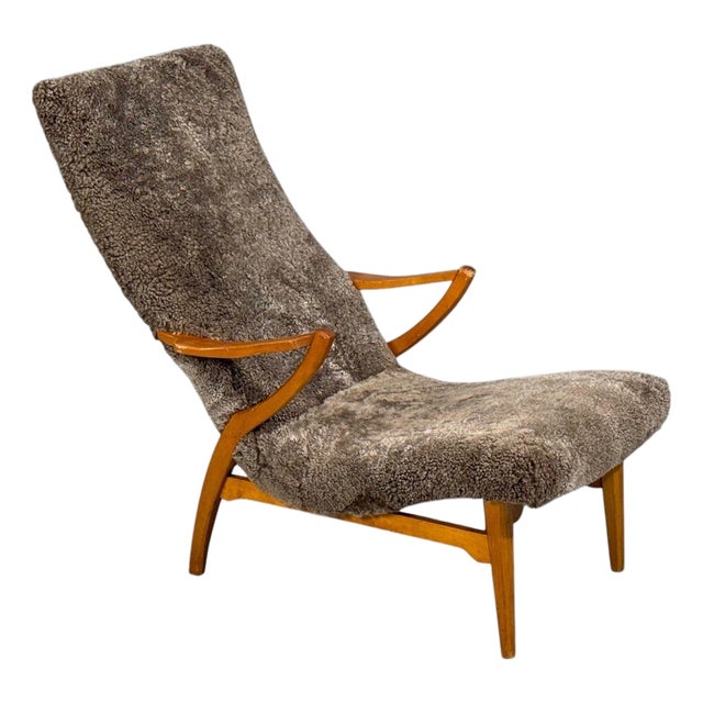 Jio Möbler, Chaise Lounge, Gray Shearling, Elm, Sweden, 1960s For Sale